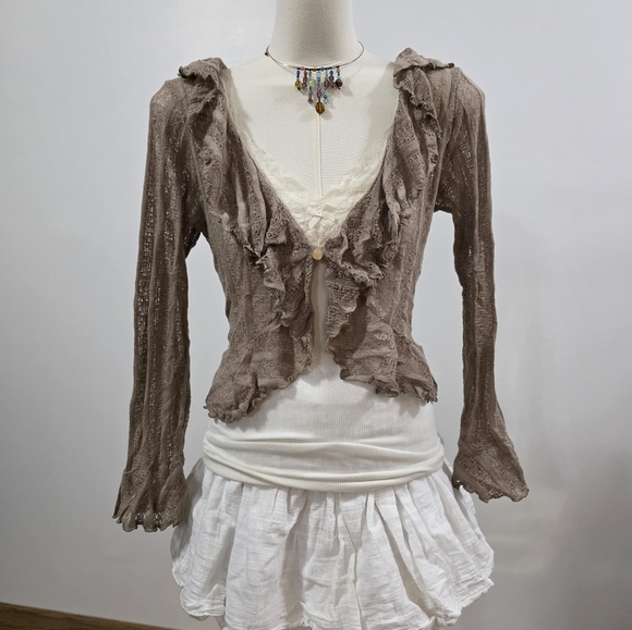 Another Page Japanese branch Khaki brown lace ruffle cardigan - Picture 2 of 5